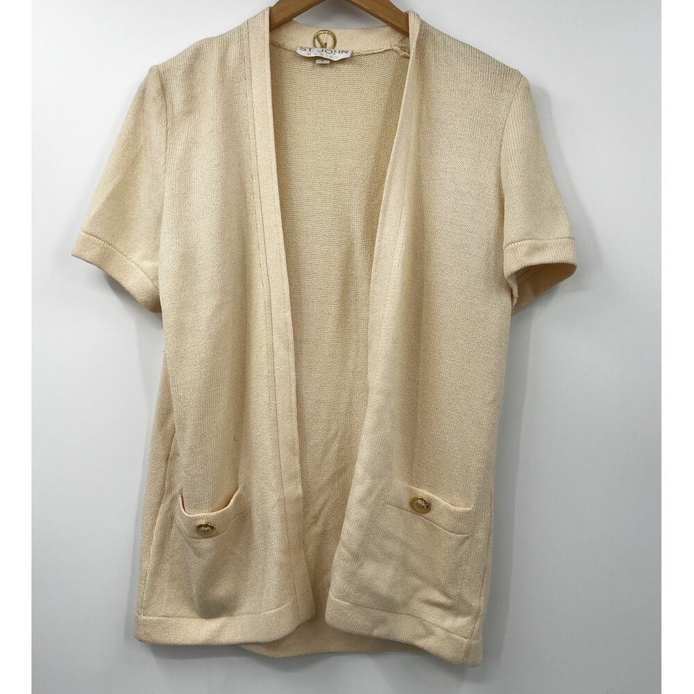 St. John Sweater Womens Open Front‎ Summer Top Short Sleeve Beige Cardigan P 2